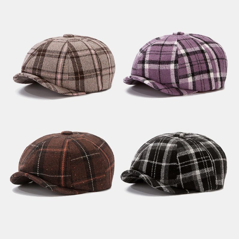 Menn Newsboy Hatter Britisk Retro Farget Gitter Vindtett Varm 8 Panel Maler Lue Åttekantet Lue