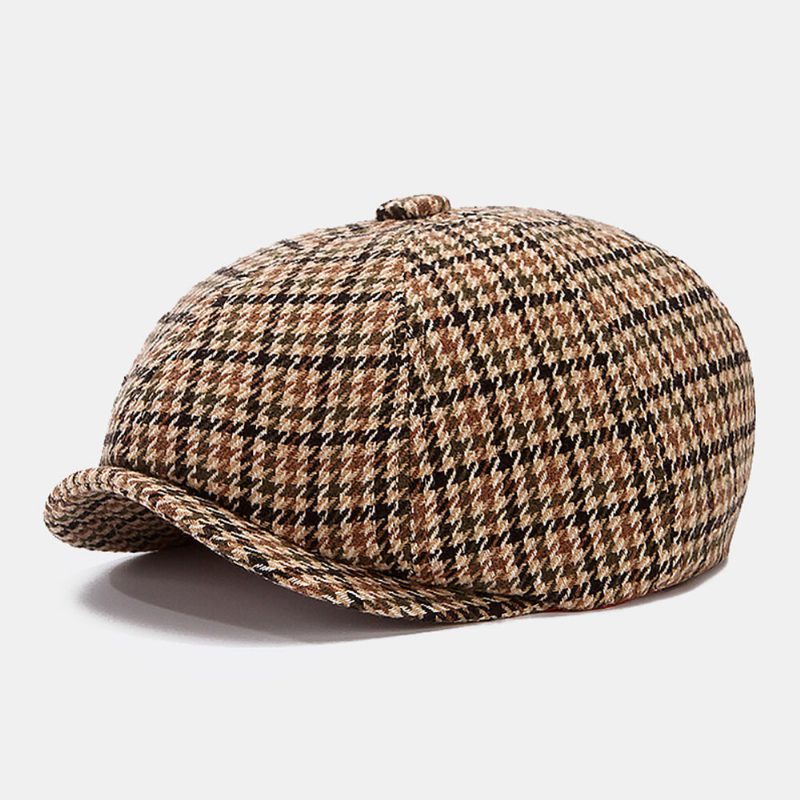 Menn Newsboy Hatter Britisk Retro Houndstooth Stripet Kuppel Åttekantet Hatter Cabbie Hat