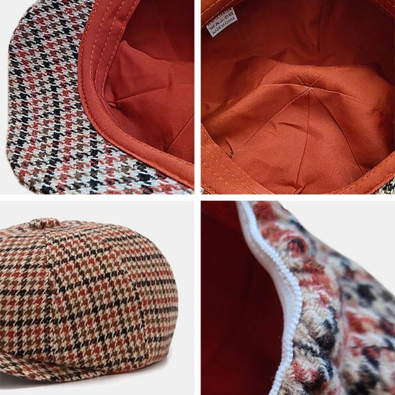 Menn Newsboy Hatter Britisk Retro Houndstooth Stripet Kuppel Åttekantet Hatter Cabbie Hat