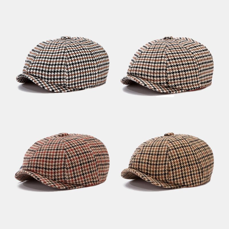 Menn Newsboy Hatter Britisk Retro Houndstooth Stripet Kuppel Åttekantet Hatter Cabbie Hat