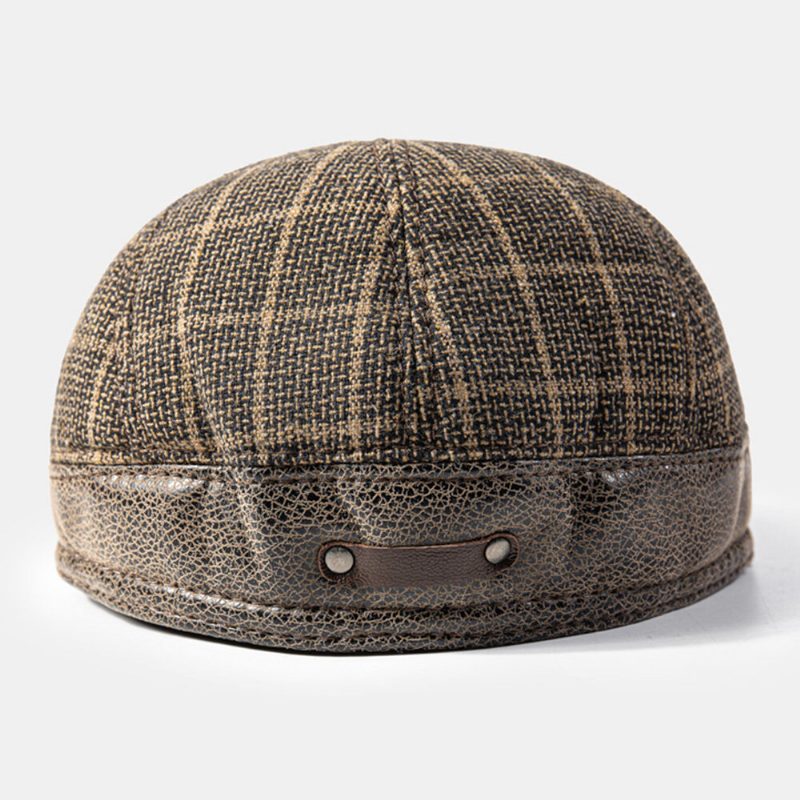 Menn Øreklaff Lue Bomull Pu Patchwork Tykket Innebygd Ørebeskyttelse Varme Britisk Gitter Berets Flate Cap