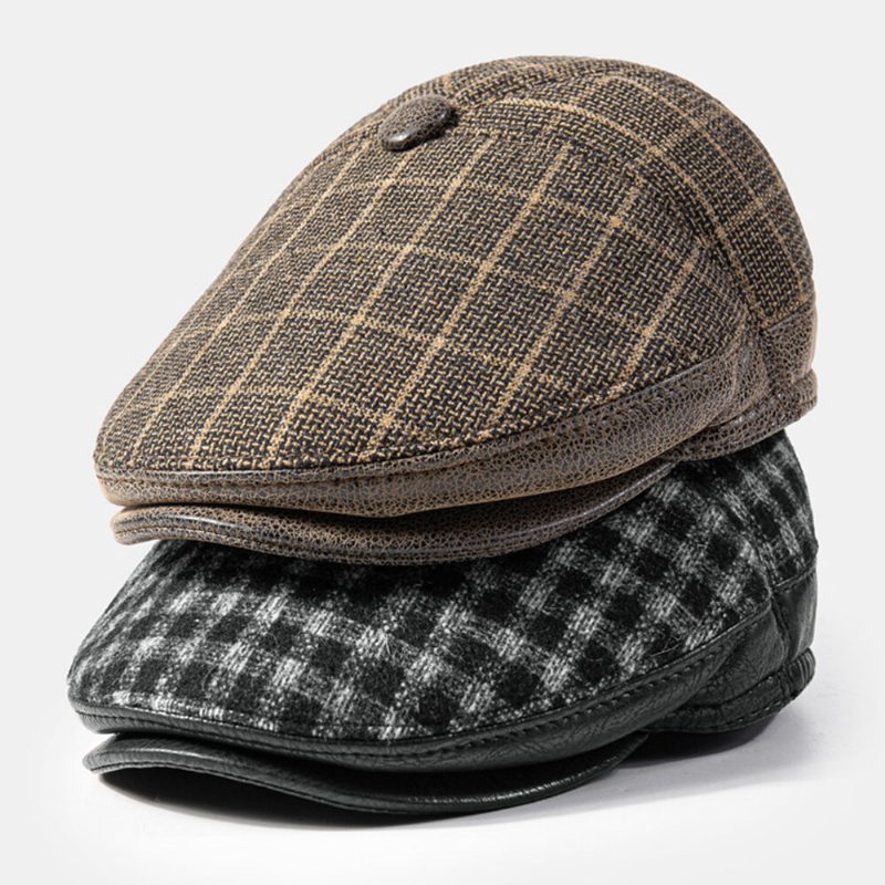 Menn Øreklaff Lue Bomull Pu Patchwork Tykket Innebygd Ørebeskyttelse Varme Britisk Gitter Berets Flate Cap