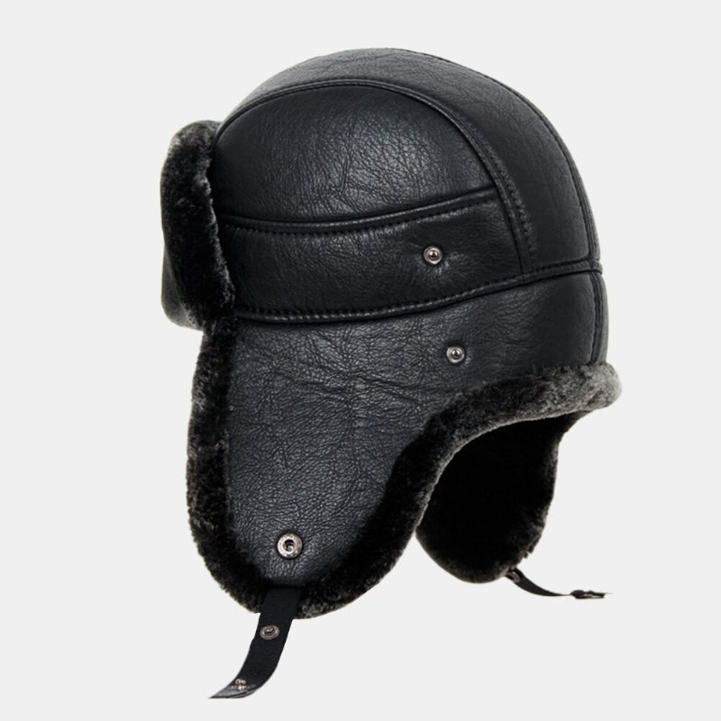 Menn Pu Leather Winter Thicken Plus Velvet Warm Trapper Hatter Outdoor Vindtett Cool Protection Ushanka Hat