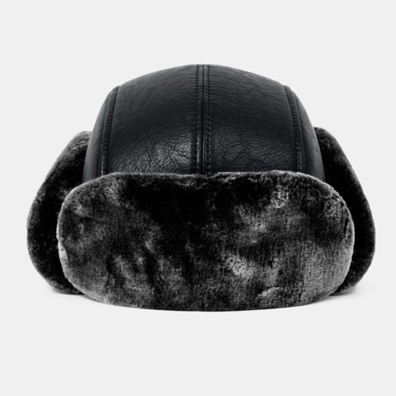 Menn Pu Leather Winter Thicken Plus Velvet Warm Trapper Hatter Outdoor Vindtett Cool Protection Ushanka Hat