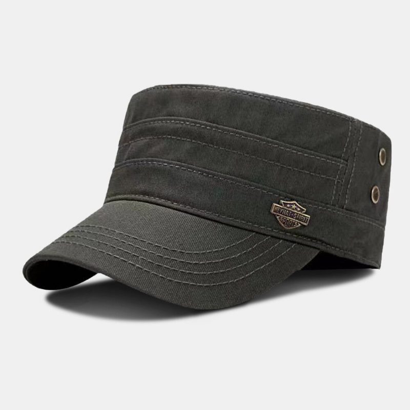 Menn Shield Iron Label Design Pustende Militær Cap Flate Top Cap Mote Anti-uv Solskjerm Army Cap Cadet Hat