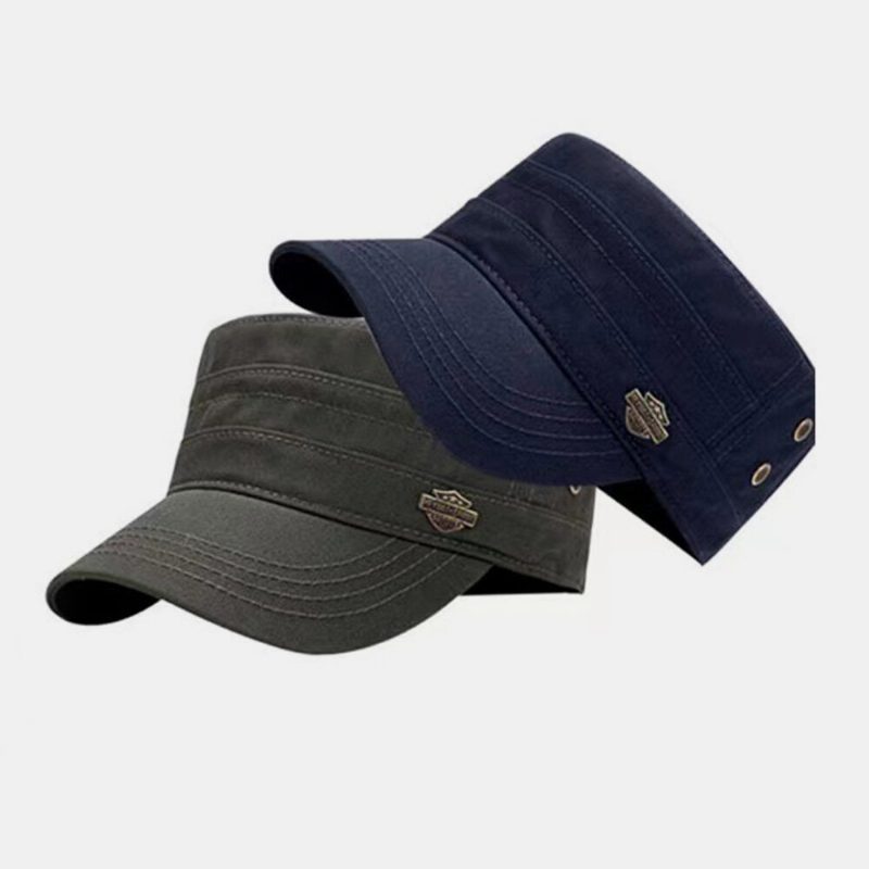 Menn Shield Iron Label Design Pustende Militær Cap Flate Top Cap Mote Anti-uv Solskjerm Army Cap Cadet Hat