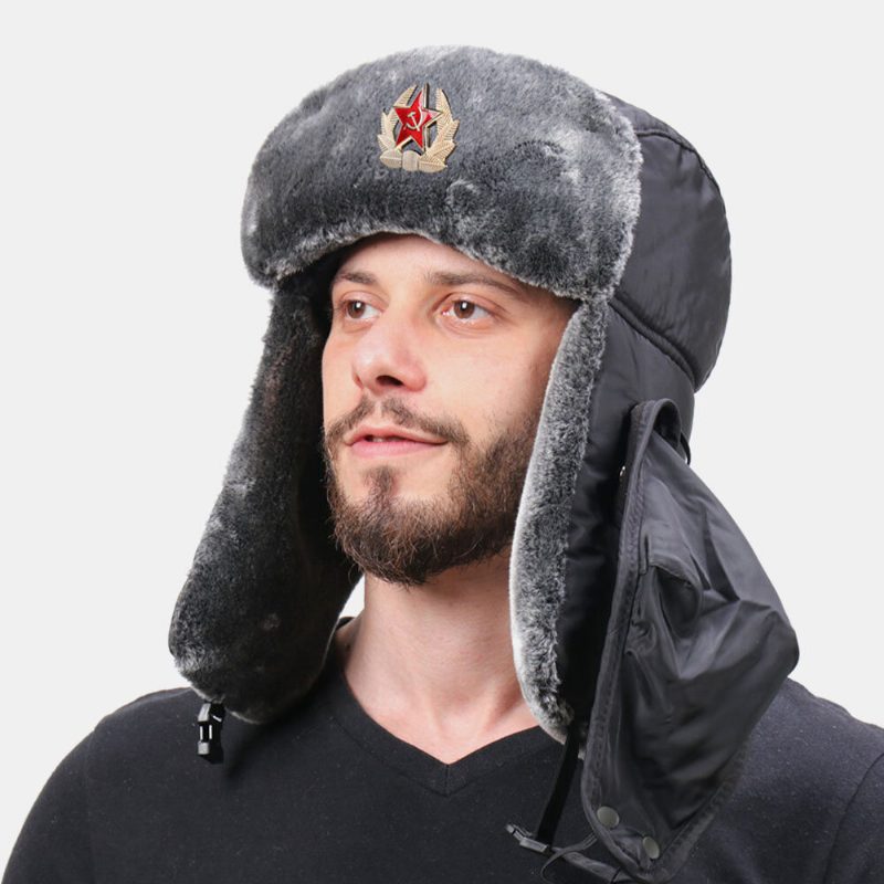 Menn Solid Soviet Badge Vindtett Trapper Hatter Outdoor Thicken Ear Protection Varm Russisk Lue Ushanka Lue