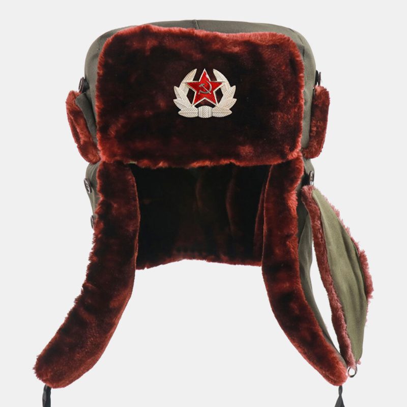 Menn Soviet Badge Thicken Plus Velvet Trapper Hatter Vinter Sykling Varm Ørebeskyttelse Vindtett Russisk Lue Ushanka Lue