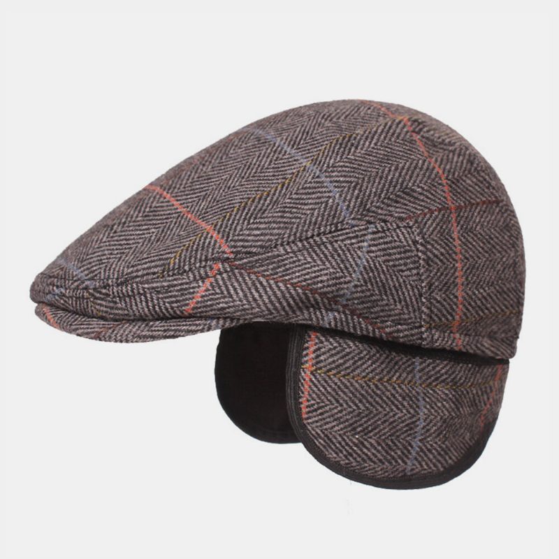 Menn Ull Sildebein Gittermønster Berets Britisk Retro Ørebeskyttelse Forward Hatter Newsboy Hat