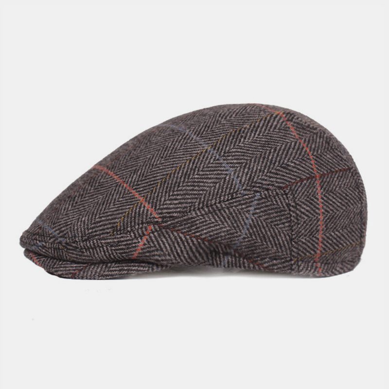 Menn Ull Sildebein Gittermønster Berets Britisk Retro Ørebeskyttelse Forward Hatter Newsboy Hat