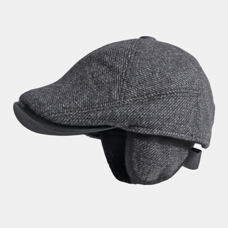 Menn Vinter Varm Ørebeskyttelse Ull Beret Cap Britisk Retro Short Rim Justerbar Forover Hatter Painter Cap