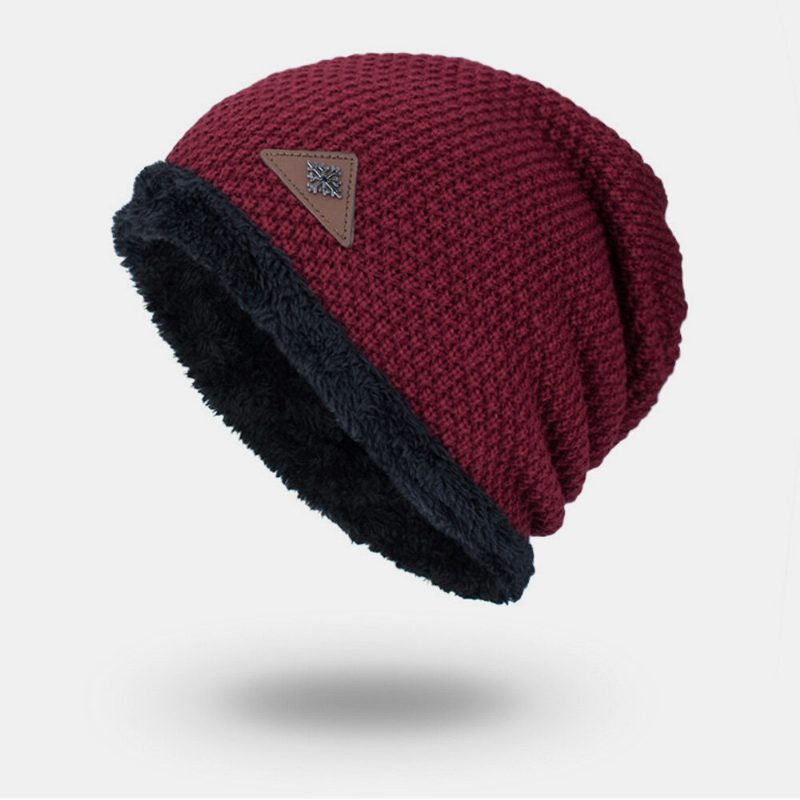 Strikket Lue For Menn Pluss Fløyel Fortykket Metall Snowflake Læretikett Varme Brimless Beanie Hat