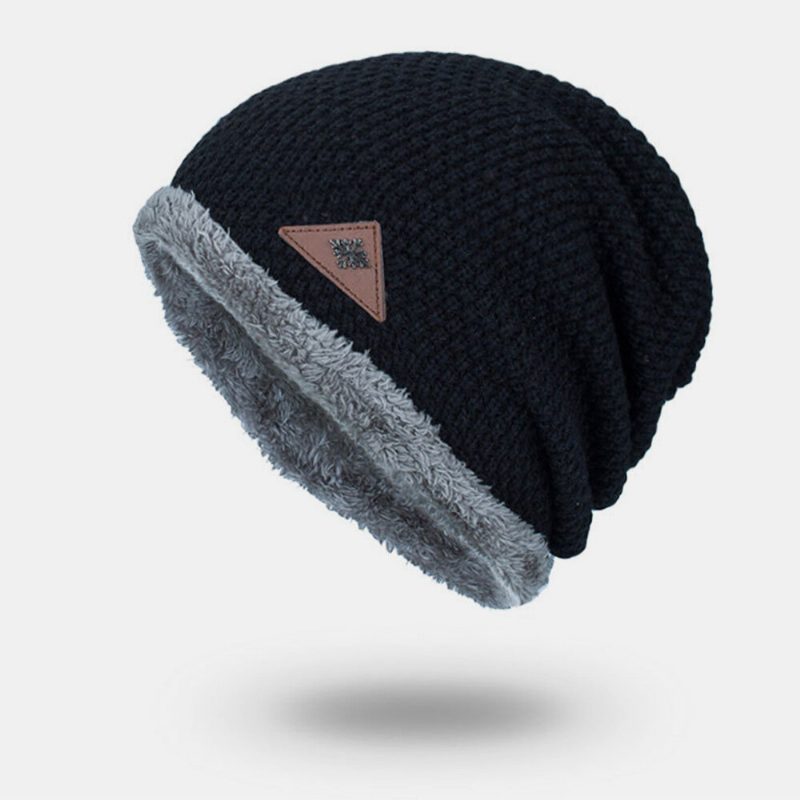 Strikket Lue For Menn Pluss Fløyel Fortykket Metall Snowflake Læretikett Varme Brimless Beanie Hat