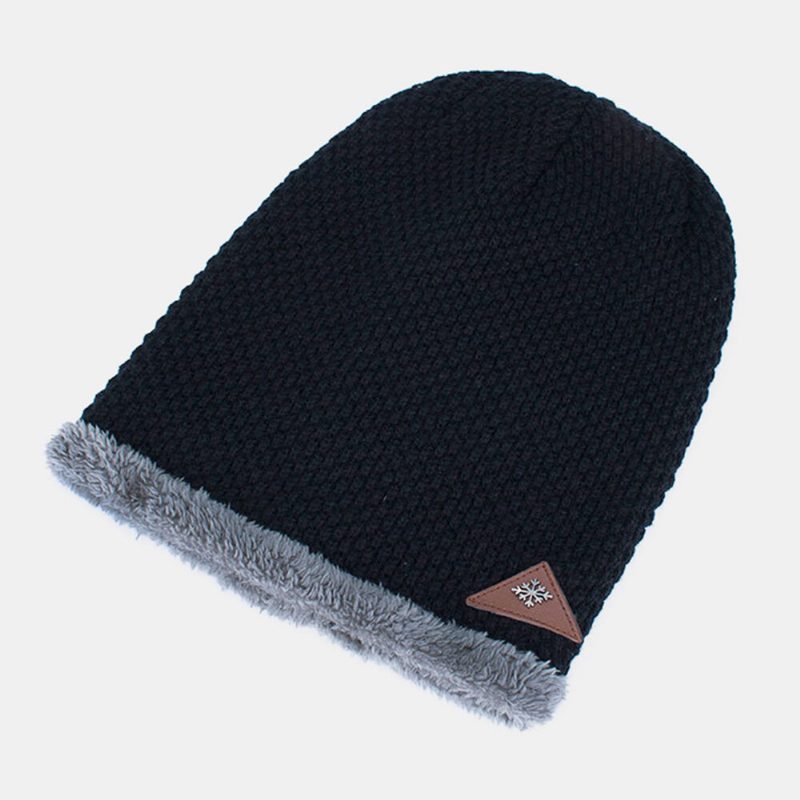 Strikket Lue For Menn Pluss Fløyel Fortykket Metall Snowflake Læretikett Varme Brimless Beanie Hat