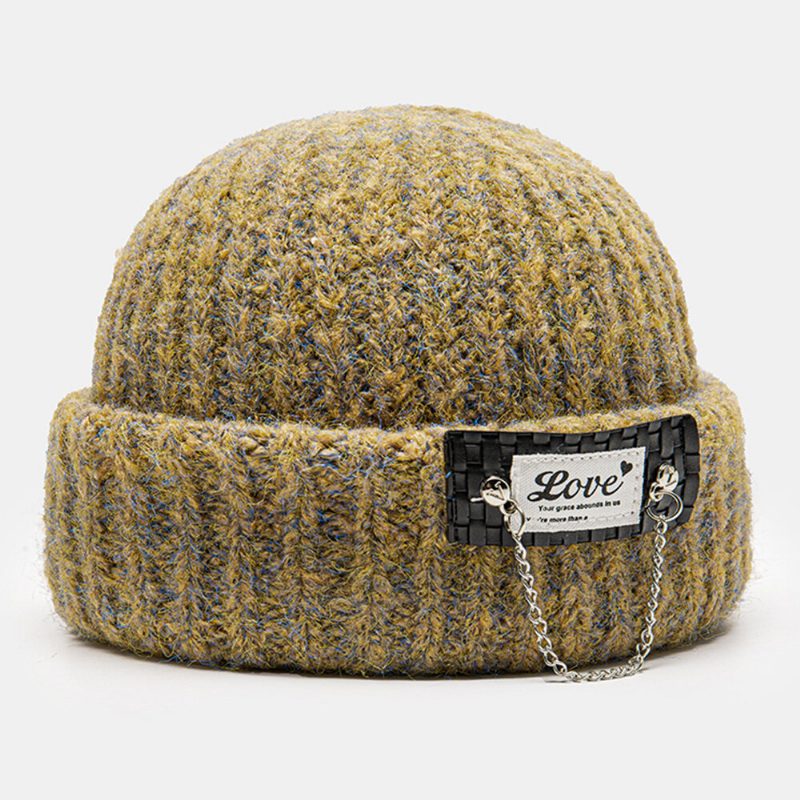 Unisex Blandet Farge Strikket Brevlapp Kjededekorasjon Varme Flensing Brimless Beanie Hat