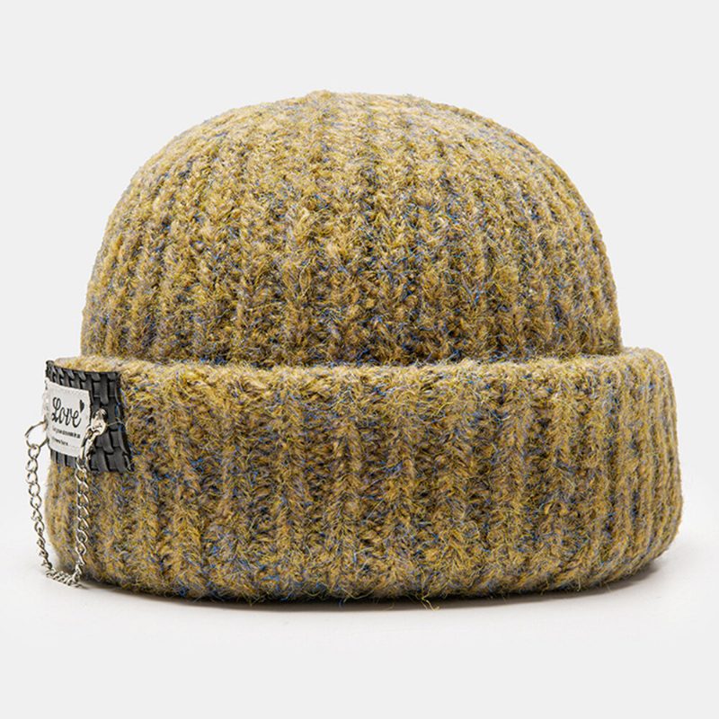 Unisex Blandet Farge Strikket Brevlapp Kjededekorasjon Varme Flensing Brimless Beanie Hat