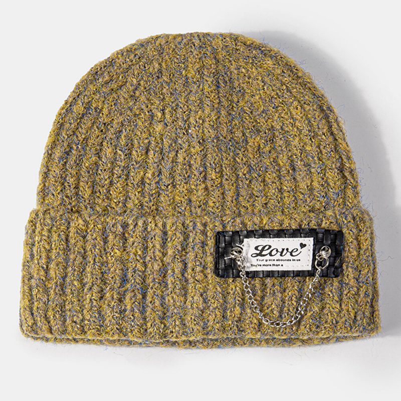 Unisex Blandet Farge Strikket Brevlapp Kjededekorasjon Varme Flensing Brimless Beanie Hat