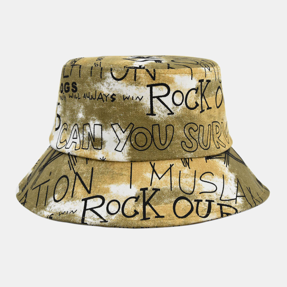 Unisex Bomull Tie-dye Brev Graffiti Mønster Utskrift Big Rim Sunshade Bucket Hat