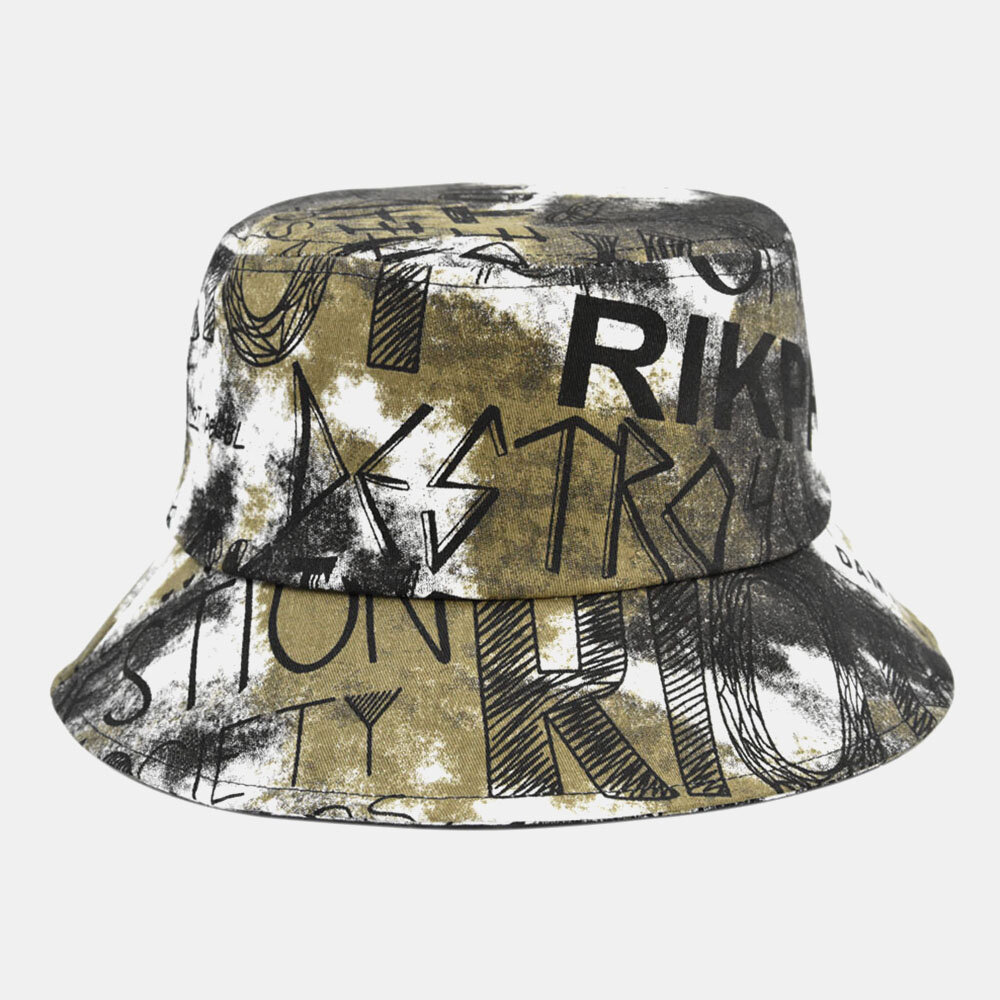 Unisex Bomull Tie-dye Brev Graffiti Mønster Utskrift Big Rim Sunshade Bucket Hat