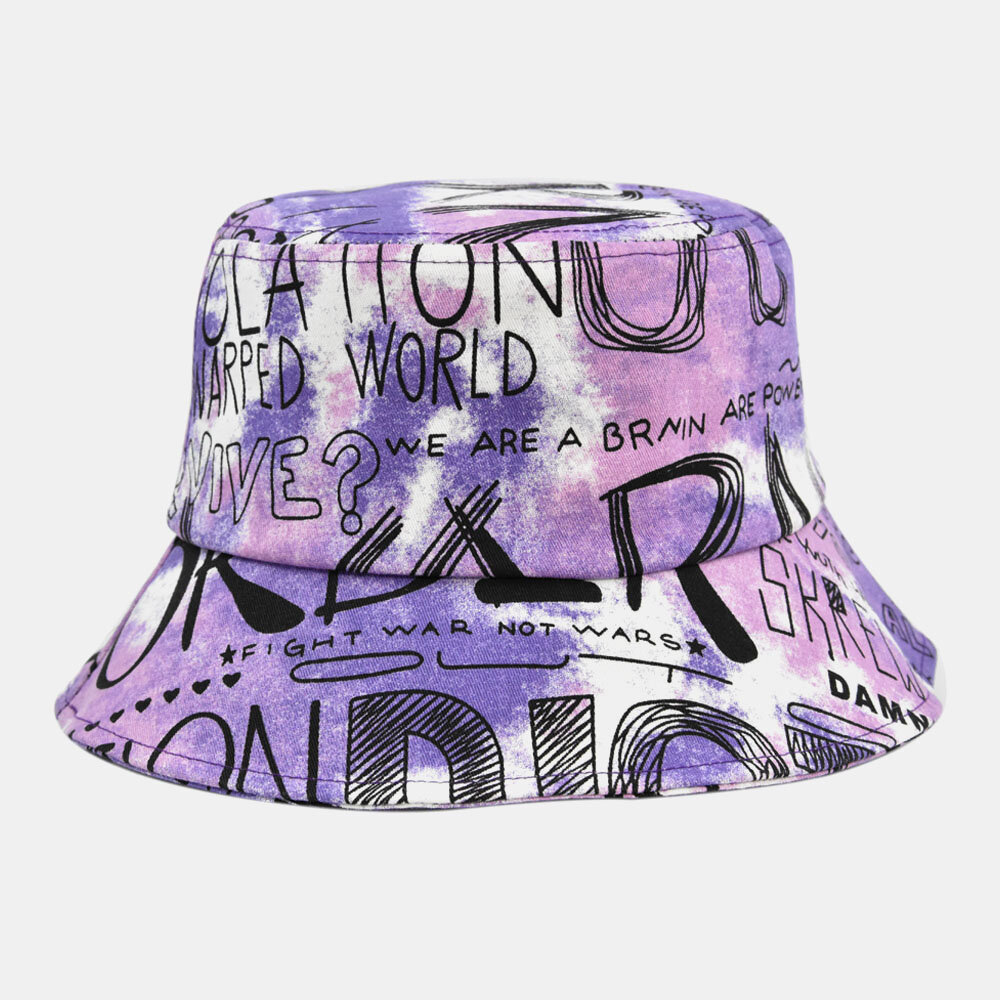 Unisex Bomull Tie-dye Brev Graffiti Mønster Utskrift Big Rim Sunshade Bucket Hat