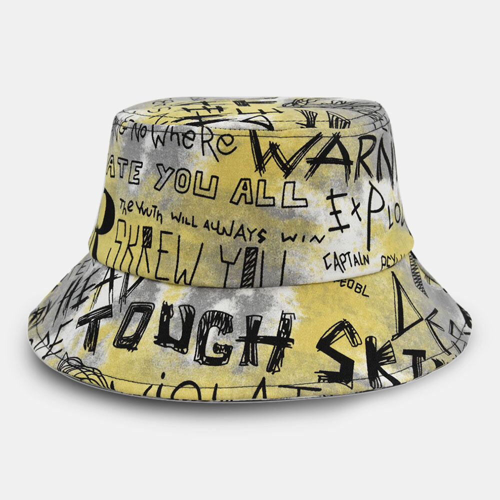 Unisex Bomull Tie-dye Brev Graffiti Mønster Utskrift Big Rim Sunshade Bucket Hat