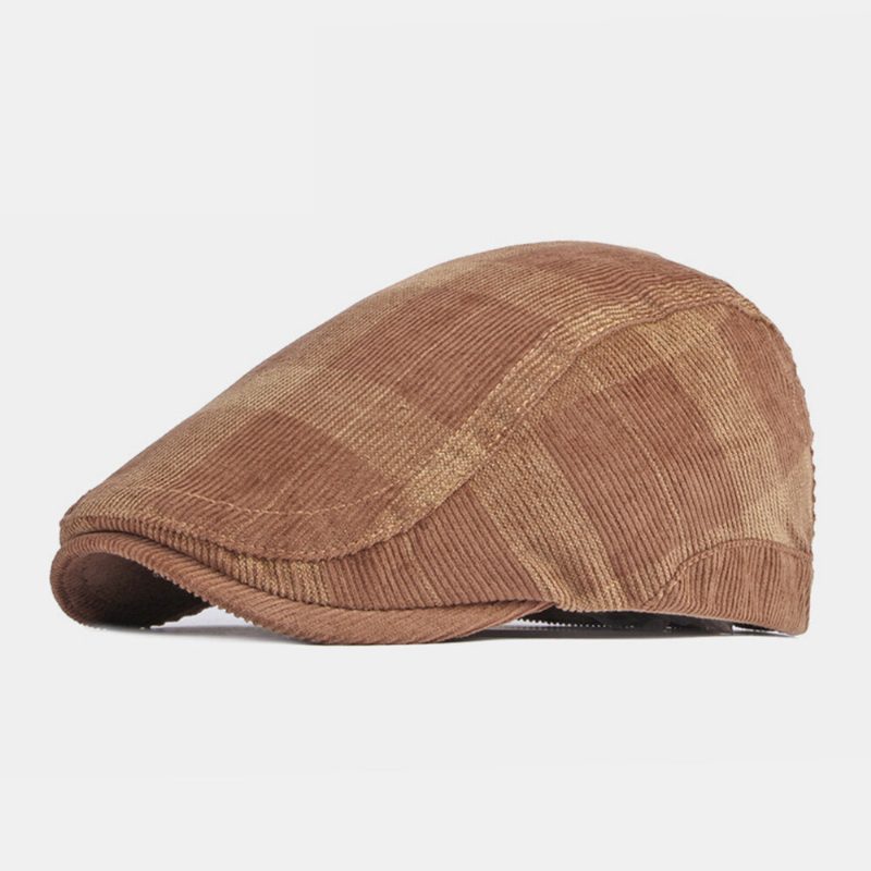 Unisex Corduroy Gitterstripe Justerbar Beret Flate Cap Britisk Retro Høst Vinter Vill Vindtett Forover Hatt