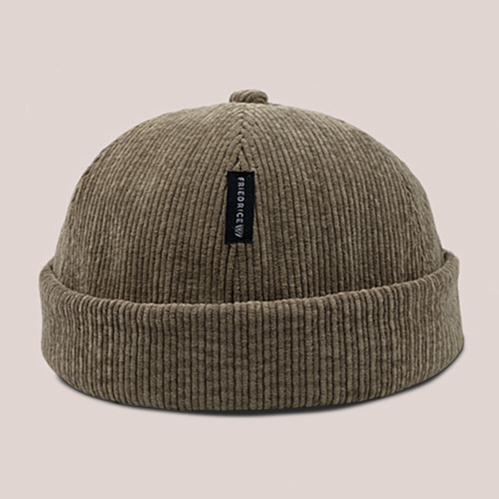 Unisex Corduroy Label Patch Skull Cap Uformell Utendørs Høst Vinter Varm Justerbar Brimless Beanie Landlord Cap