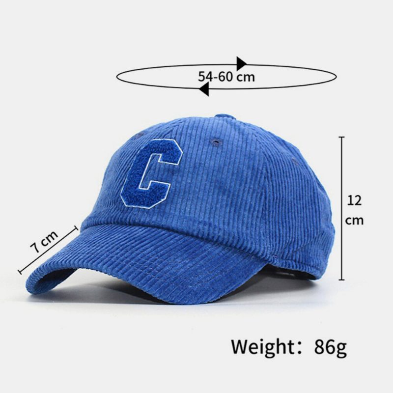 Unisex Corduroy Stor C Bokstavmønster Broderi Baseball Cap Høst Vinter Myk Topp Buet Brem Stripe Solskjermhatt