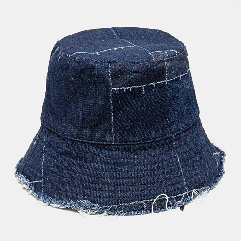 Unisex Denim Distressed Frayed Edge Vintage Casual Solskjerming Sammenleggbare Flate Hatter Bøttehatter