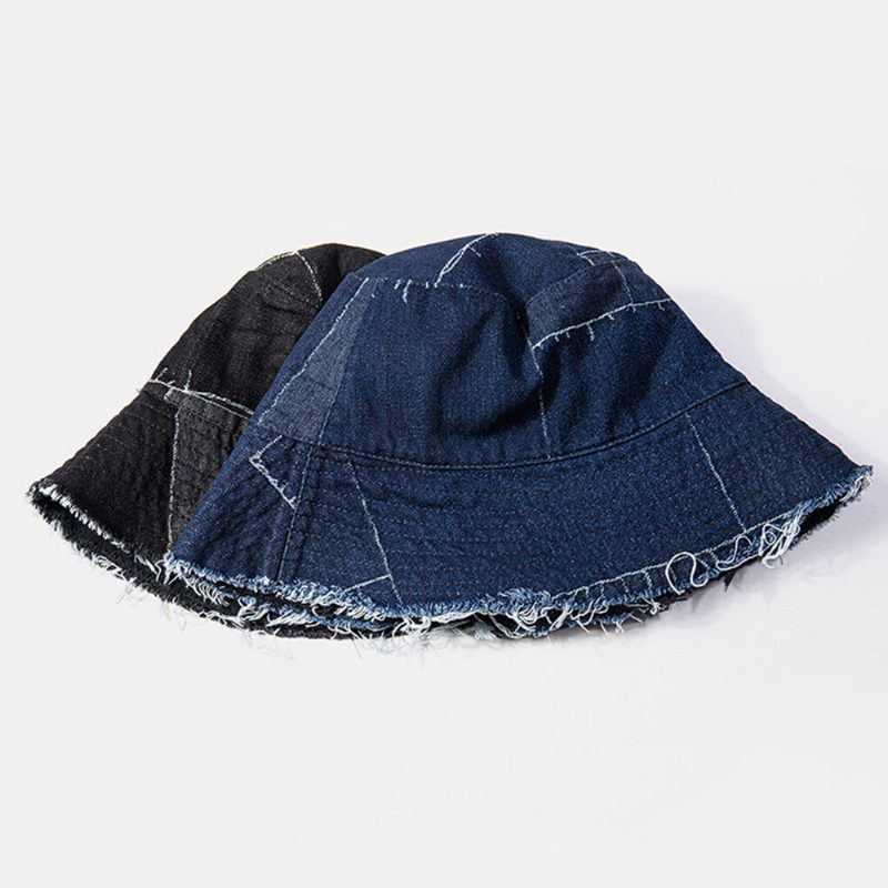 Unisex Denim Distressed Frayed Edge Vintage Casual Solskjerming Sammenleggbare Flate Hatter Bøttehatter