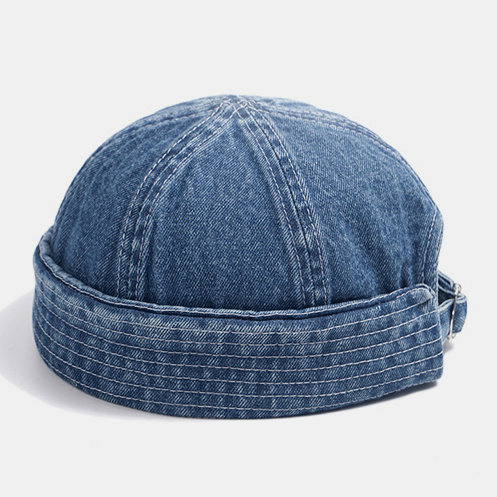 Unisex Denim Ensfarget Retro Motetrend Brimless Beanie Landlord Cap Skull Cap