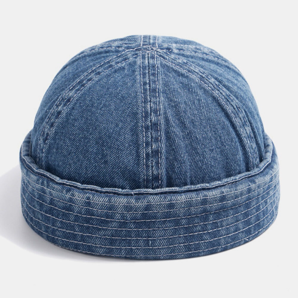 Unisex Denim Ensfarget Retro Motetrend Brimless Beanie Landlord Cap Skull Cap