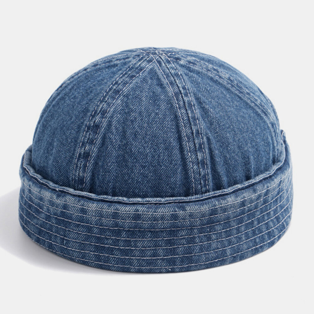 Unisex Denim Ensfarget Retro Motetrend Brimless Beanie Landlord Cap Skull Cap