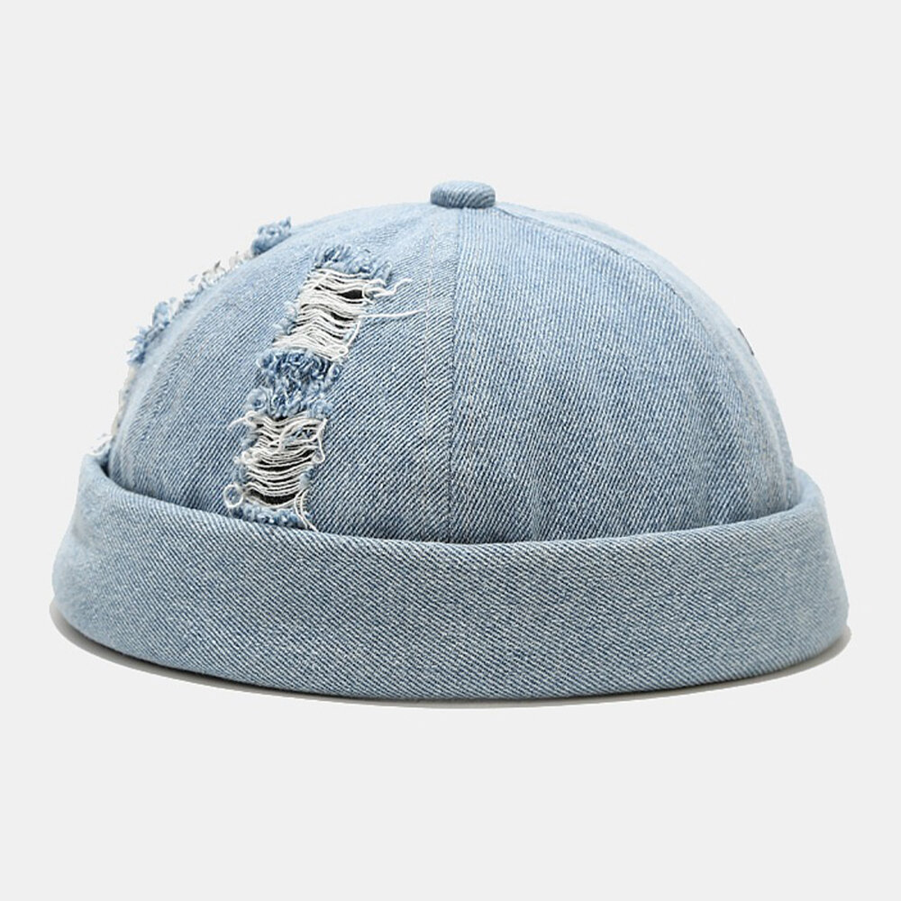 Unisex Denim Ødelagte Hull Laget Gammelmode Utendørs Brimless Beanie Landlord Cap Skull Cap