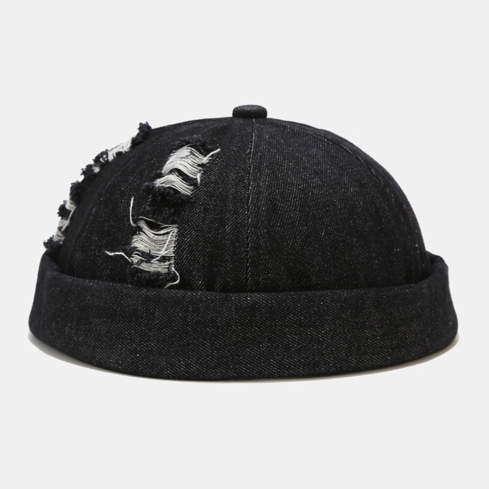 Unisex Denim Ødelagte Hull Laget Gammelmode Utendørs Brimless Beanie Landlord Cap Skull Cap