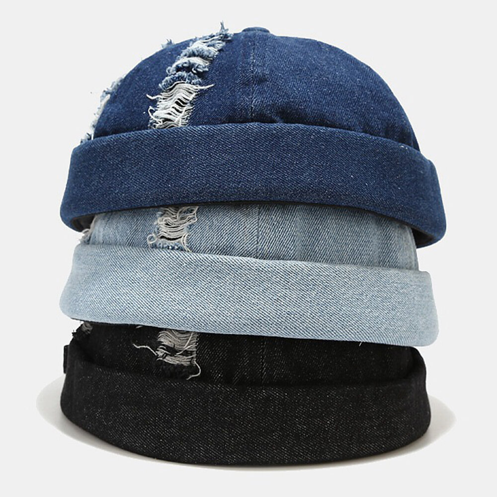 Unisex Denim Ødelagte Hull Laget Gammelmode Utendørs Brimless Beanie Landlord Cap Skull Cap