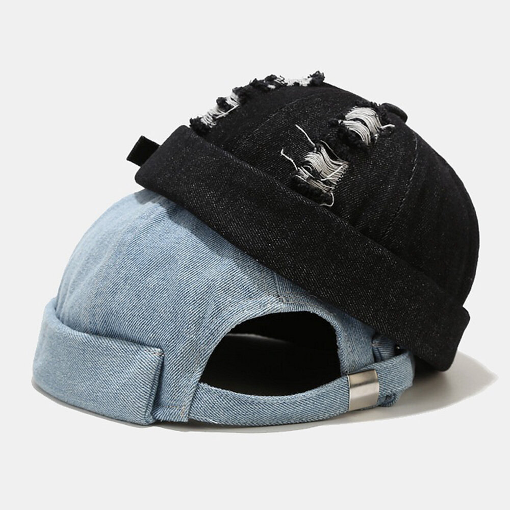 Unisex Denim Ødelagte Hull Laget Gammelmode Utendørs Brimless Beanie Landlord Cap Skull Cap