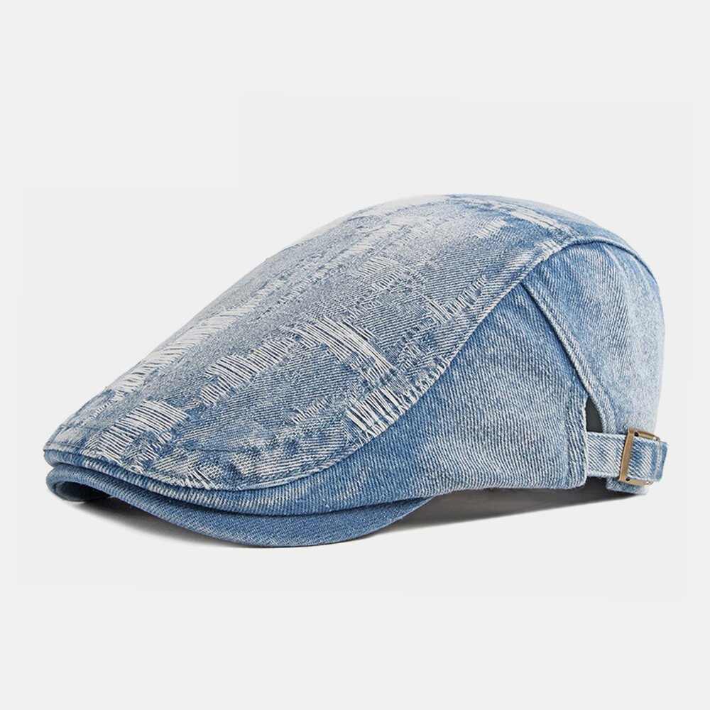 Unisex Denim Vasket Make-gammelt Hull Pustende Uformelt Solskjerming Forover Cap Beret Cap Flate Hat