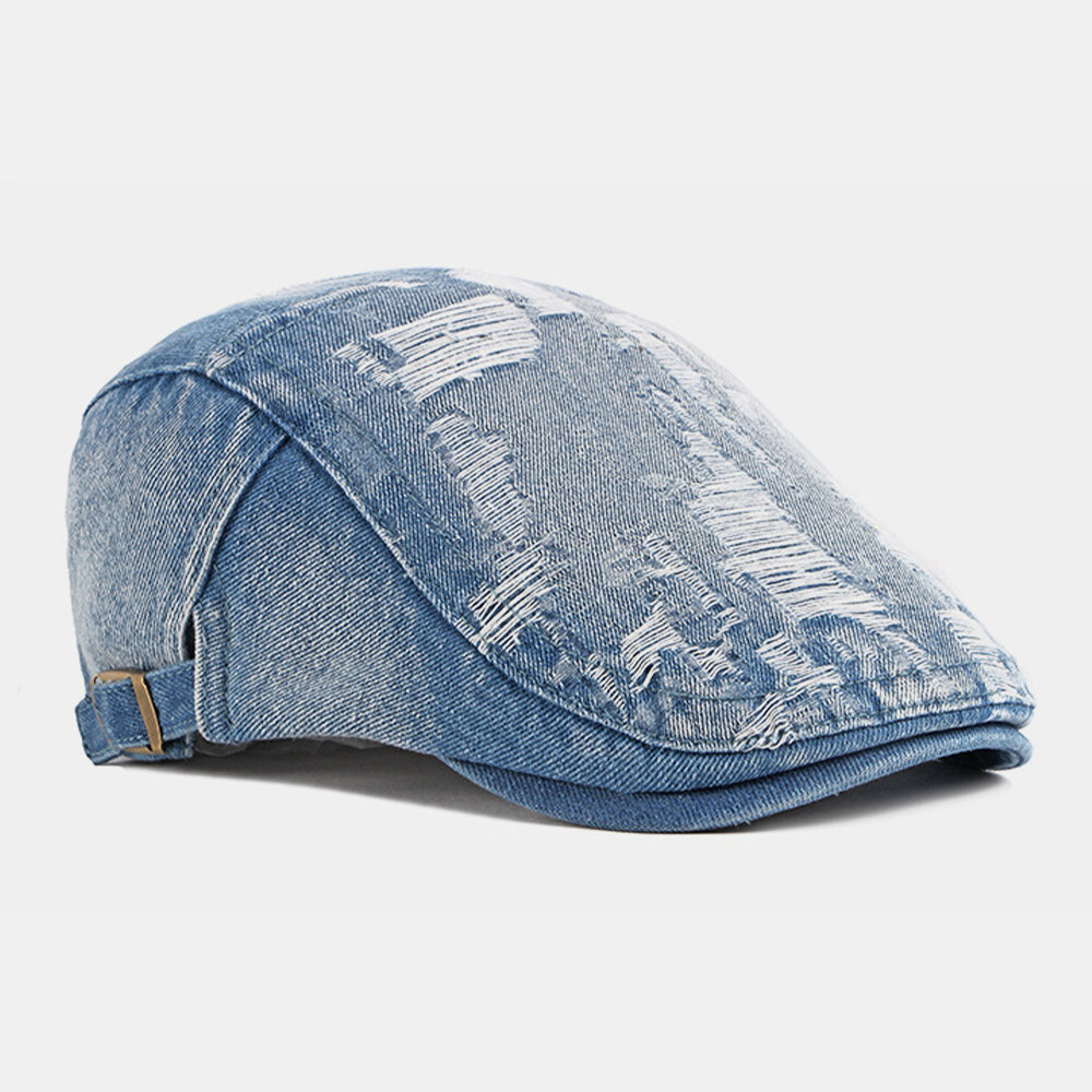 Unisex Denim Vasket Make-gammelt Hull Pustende Uformelt Solskjerming Forover Cap Beret Cap Flate Hat