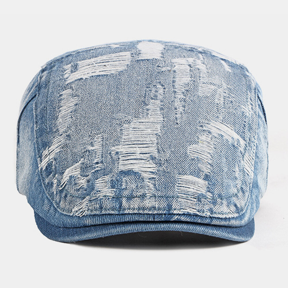 Unisex Denim Vasket Make-gammelt Hull Pustende Uformelt Solskjerming Forover Cap Beret Cap Flate Hat