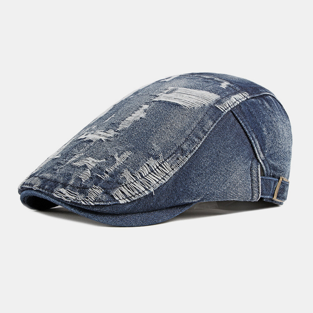 Unisex Denim Vasket Make-gammelt Hull Pustende Uformelt Solskjerming Forover Cap Beret Cap Flate Hat