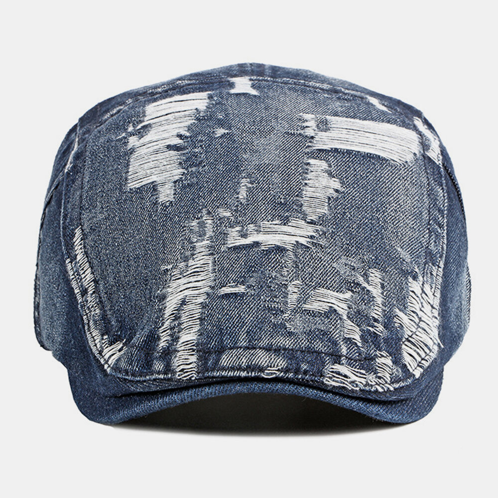 Unisex Denim Vasket Make-gammelt Hull Pustende Uformelt Solskjerming Forover Cap Beret Cap Flate Hat