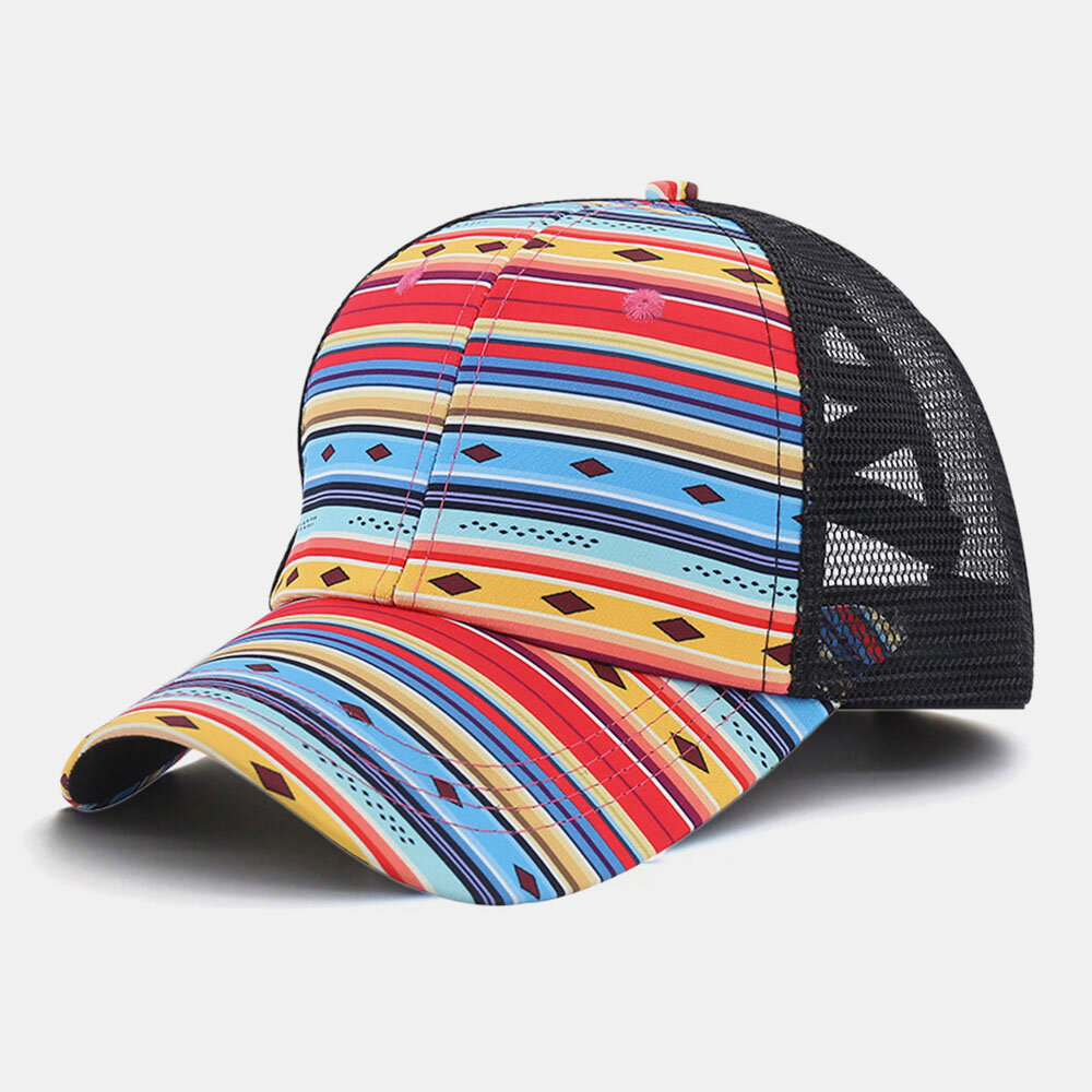 Unisex Fargerike Stripermønster Mesh Pustende Bakåpning Justerbar Baseballcap