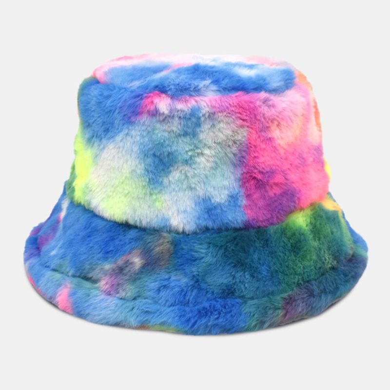 Unisex Imitert Kaninpels Fargerik Gradient Tie-dye Bøttehatt Vinter Tykk Varme Vindtett Mote Solskjermhatt