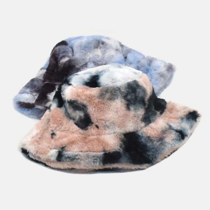 Unisex Imitert Kaninpels Fargerik Gradient Tie-dye Bøttehatt Vinter Tykk Varme Vindtett Mote Solskjermhatt