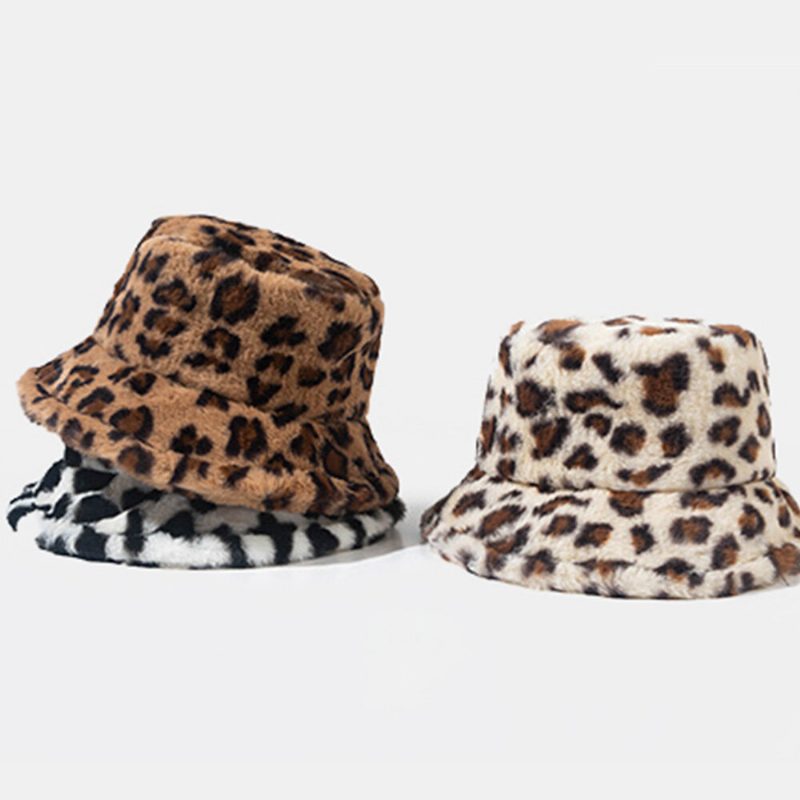 Unisex Imitert Kaninpels Leopardmønster Tykk Varme Vintage Bøttehatt