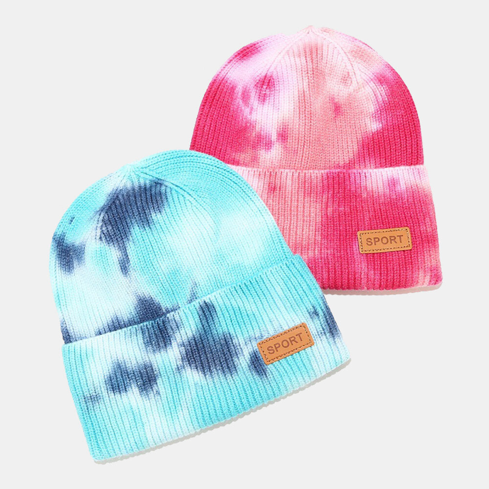 Unisex Kjernespunnet Garn Elastisk Strikket Tie-dye Lue Mote Uformelt Brevetikett Høst Vinter Varme Brimless Beanie Hatter Utleier Cap