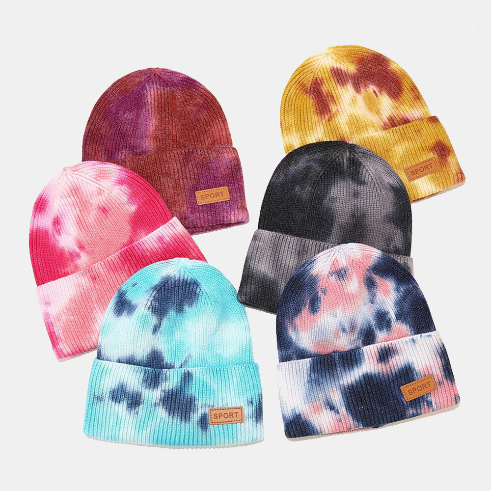 Unisex Kjernespunnet Garn Elastisk Strikket Tie-dye Lue Mote Uformelt Brevetikett Høst Vinter Varme Brimless Beanie Hatter Utleier Cap