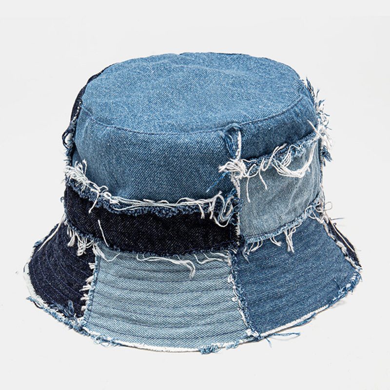 Unisex Rutete Colorblock Denim Distressed Frayed Edge Casual Solskjerming Sammenleggbare Flate Hatter Bøttehatter