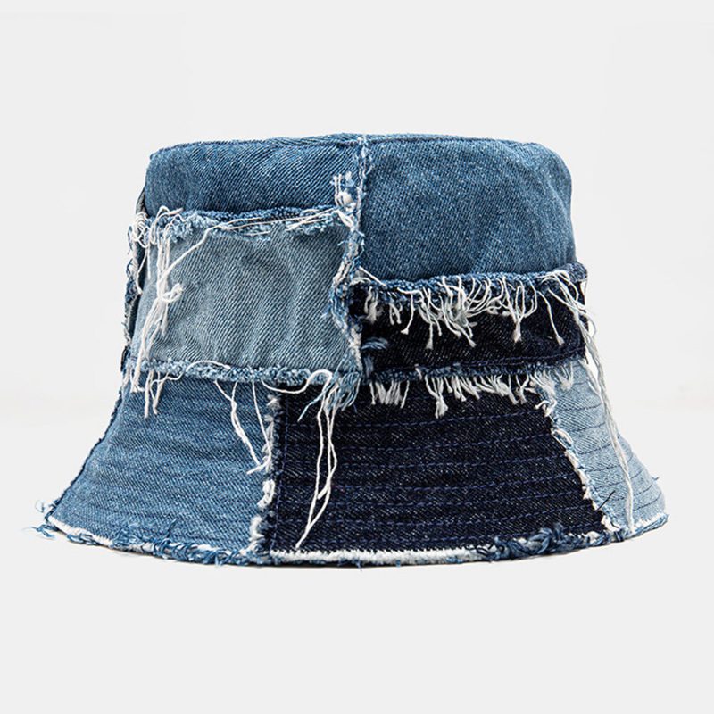 Unisex Rutete Colorblock Denim Distressed Frayed Edge Casual Solskjerming Sammenleggbare Flate Hatter Bøttehatter